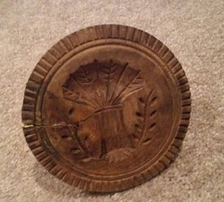 Primitive Antique Wood Carved Sheaf Of Wheat Stamp Print Butter Mold photo