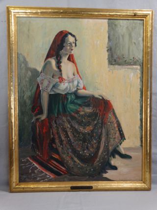 Vintage Mid Century Spanish Maria De La Luz Old Spain Folk Art Portrait Painting photo