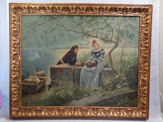 Lg 19thc Antique Victorian River Valley Lady Gent Outdoor Love Scene Painting photo