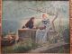 Lg 19thc Antique Victorian River Valley Lady Gent Outdoor Love Scene Painting Victorian photo 2