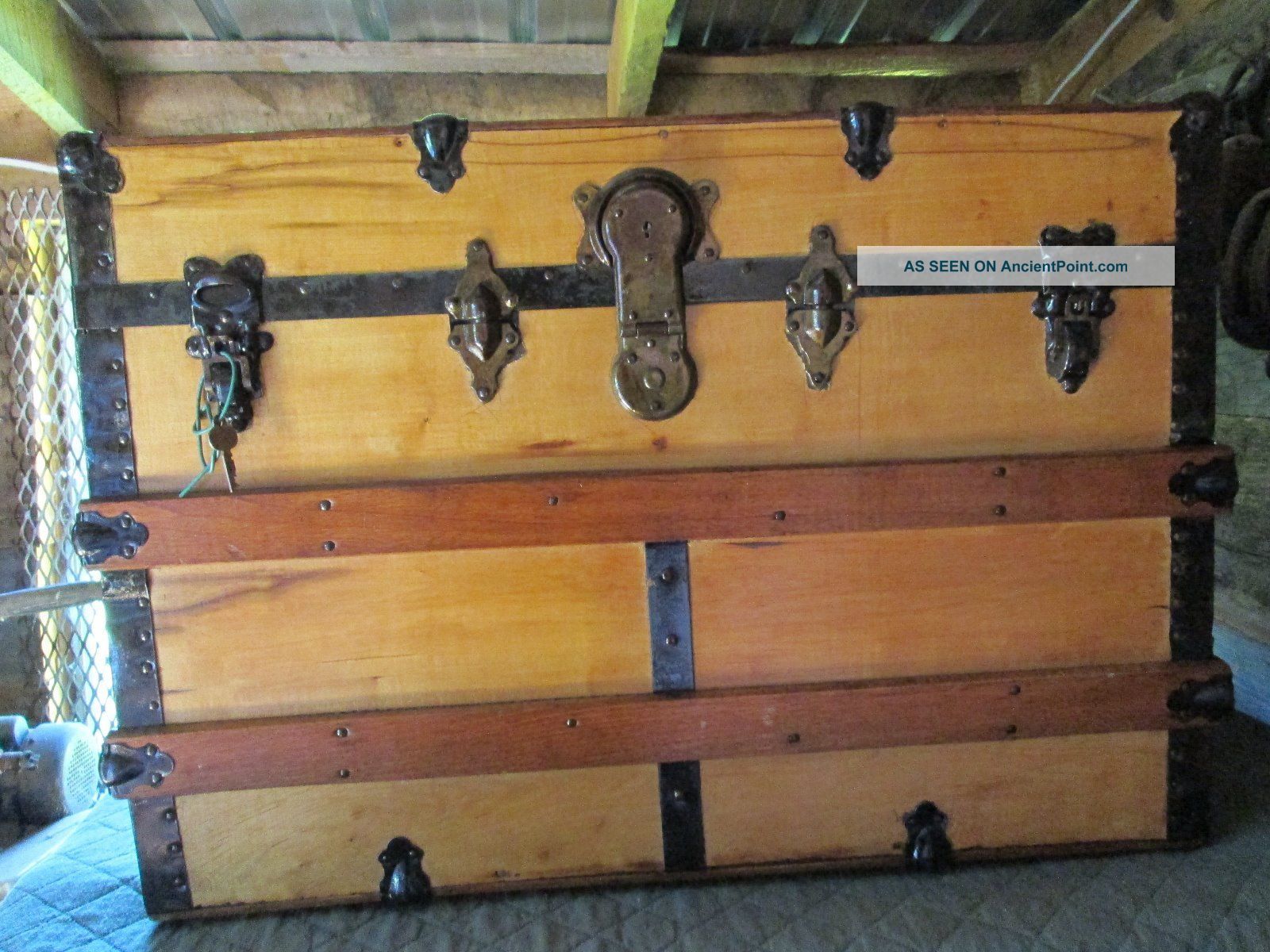 Refinished Flat Top Steamer Trunk Antique Chest With Key 1800-1899 photo