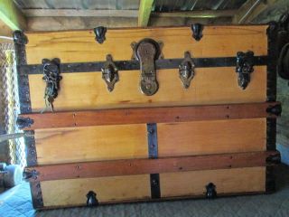 Refinished Flat Top Steamer Trunk Antique Chest With Key photo
