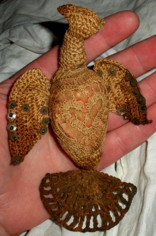 Antique 1800s Sailor Knot Crocheted Stuffed Bird W/ Heart In Chest Vafo photo