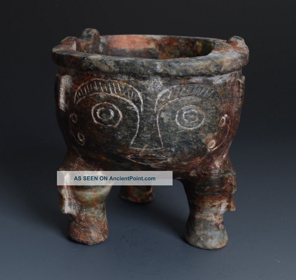 Chinese Qijia Style Carved Pattern 3 Foot Sacrificial Vessel Jade Ding - Jr10254 Neolithic & Paleolithic photo