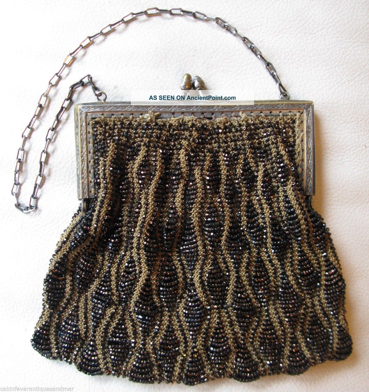 Antique Gold T Frame Tan Crochet Knit Iridescent Peacock Copper Bead Purse Victorian photo