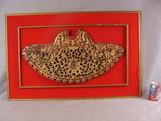 Antique 19c Chinese Carved Gilt Lacquer Wood Architectural Bat Form Panel photo
