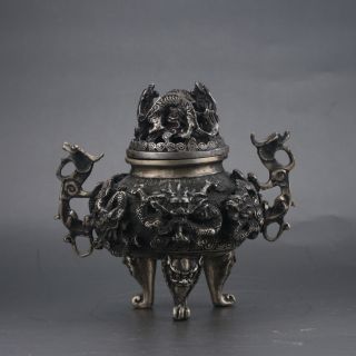 Chinese Silver Copper Hand - Carved Dragon Incense Burner W Qianlong Mark Gd2952 photo