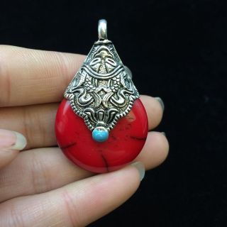 Old Tibet Artificial Red Stone Silver Pendant photo