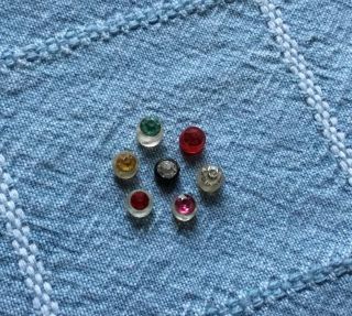 7 Antique Tiny Rhinestone Camphor Glass Buttons - Red Pink Aqua Amber 1/4 