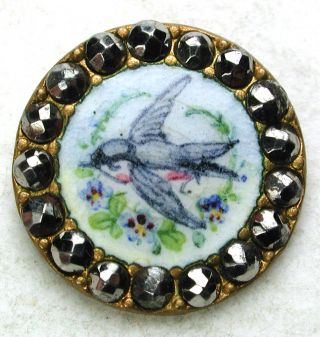 Antique French Enamel Button Blue Bird Pictorial W/ Cut Steel Border - 5/8 