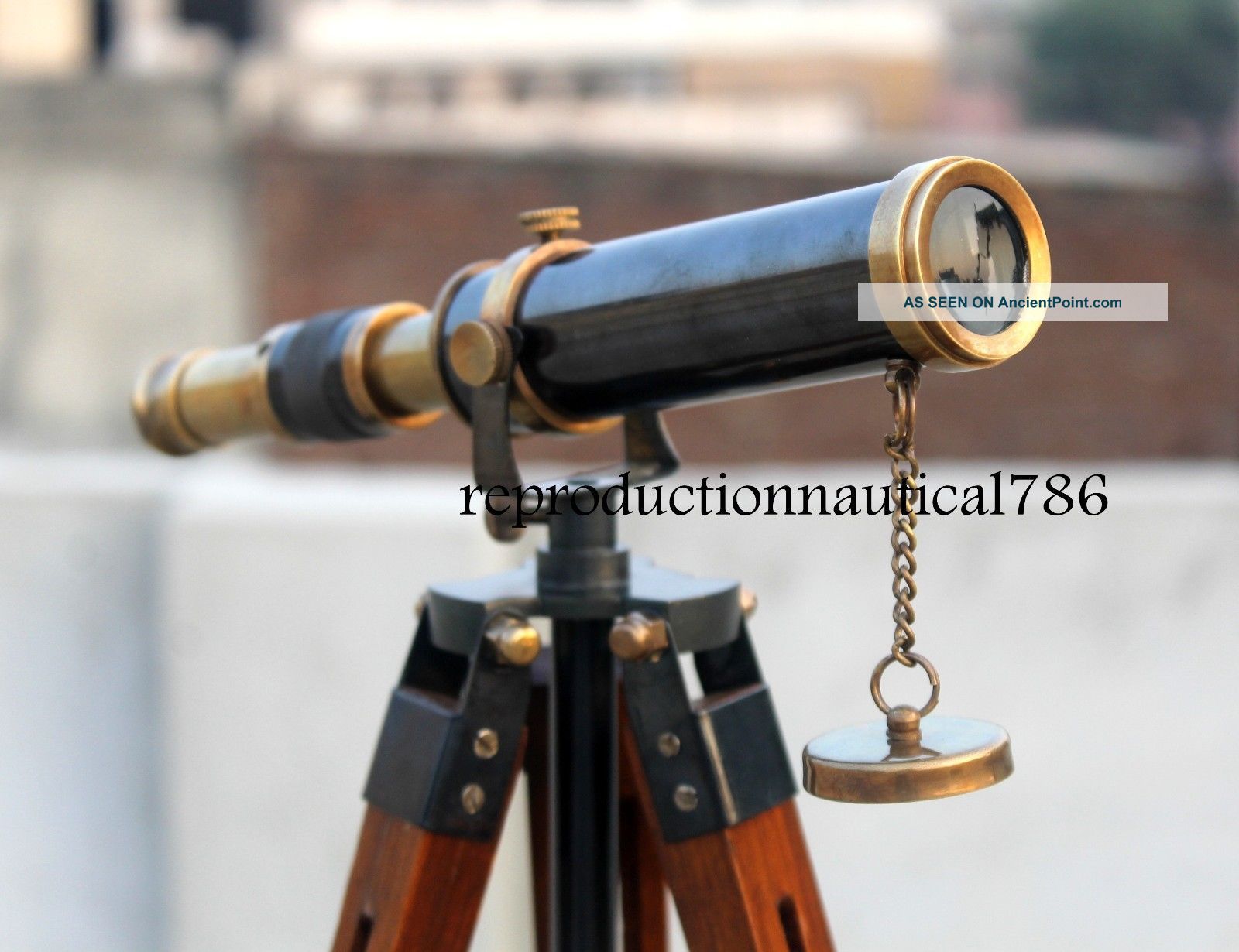 Nautical Design Antique Brass Spyglass Telescope With Wooden Tripod Marine Scope Telescopes photo