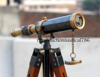 Nautical Design Antique Brass Spyglass Telescope With Wooden Tripod Marine Scope photo