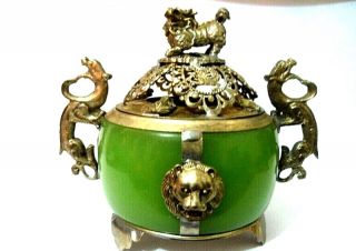 China Handmade Old Tibet Silver Dragon Jade Incense Burner photo