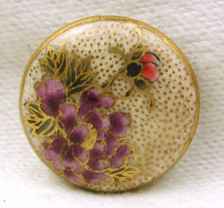 Antique Meiji Satsuma Button Colorful Flowers W/ Gold Accents 11/16 