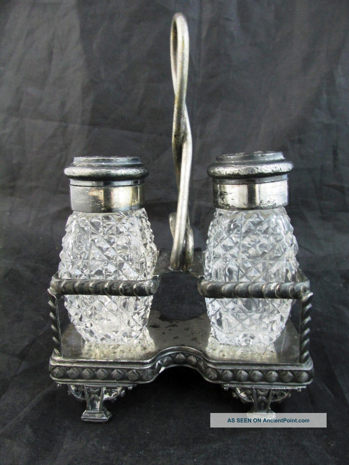 C1900s Brilliant Cut Glass Shakers Caning Pattern Meriden Silverplate Frame Salt & Pepper Shakers photo