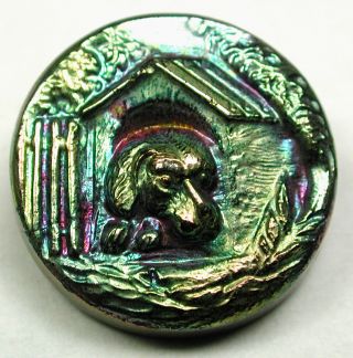 Antique Black Glass Button Dog Snoozing In Dog House W/ Carnival Luster - 11/16 