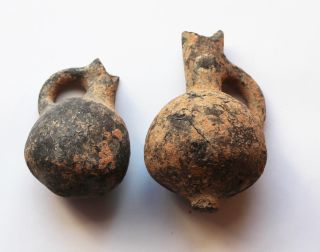 Two Ancient Israeli Glazed Black Juglet Holy Land Iron Age 2 10th - 8thbc photo