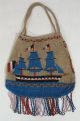 Rare Antique 19thc French,  Sailing Gun Ship & Flags Beaded Handbag,  Pocketbook Folk Art photo 1
