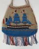 Rare Antique 19thc French,  Sailing Gun Ship & Flags Beaded Handbag,  Pocketbook Folk Art photo 2