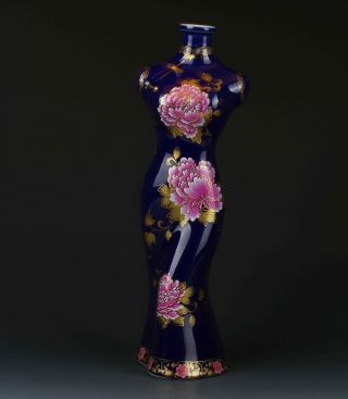 Chinese Jingdezhen Porcelain Hand - Painted Peony Cheongsam Shape Vase G311 photo