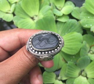 Near Eastern Engraved Black Agate Rings Vintage Islamic Onyx Animal Intaglio 9 photo