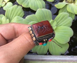 Men Near Eastern Engraved Agate Ring Vintage Afghan Islamic Animal Intaglio 11.  5 photo