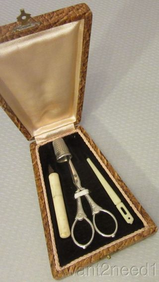 20s Vtg French Etui Sewing Kit Steel & Celluloid Scissor Thimble Needlecase Box photo