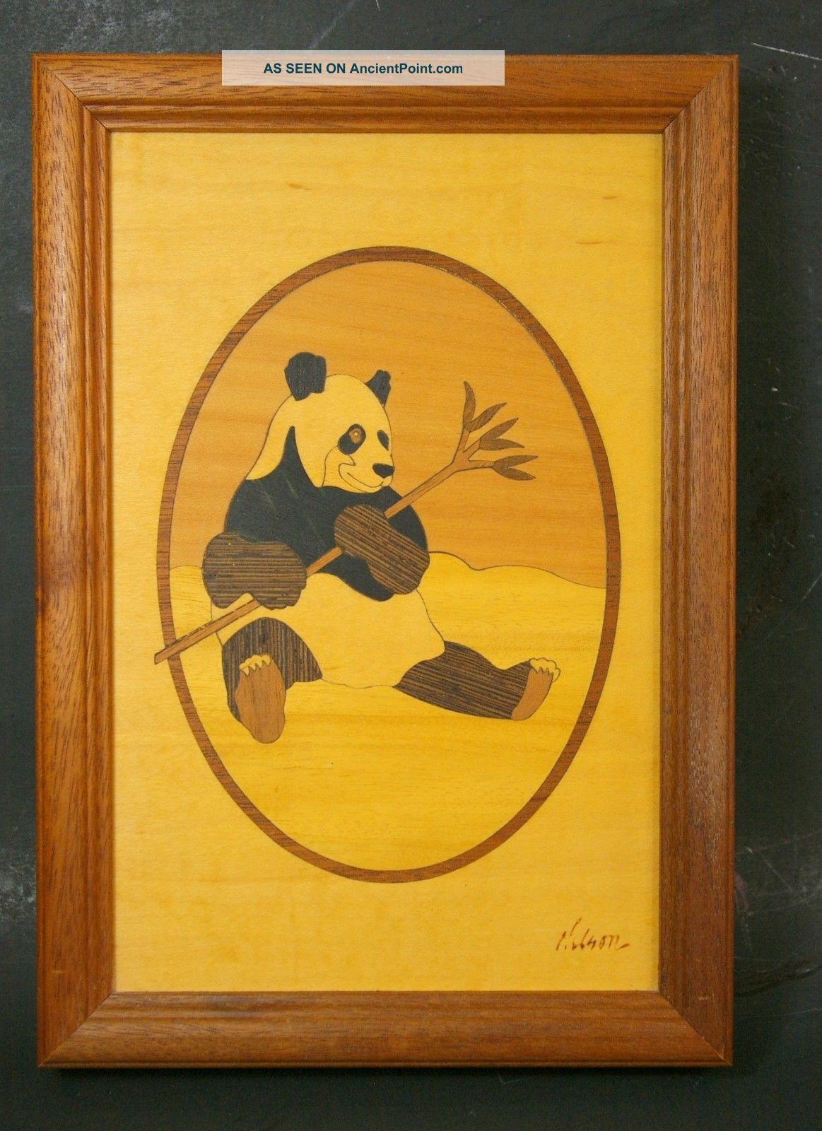 Vintage Marquetry Inlaid Wood Panda Bear Picture Artist Signed Other Antique Woodenware photo