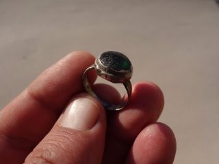 Ancient Late Roman - Middle Ages Silver Ring,  With Green Glass Intaglio photo