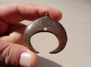 Ancient Roman Bronze Military Engraved Lunar Pendant Decoration,  Dots Inlay photo