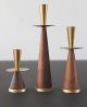 Danish Modern Trio Solid Teak & Golden Brass Petite Candle Holders Mid-Century Modernism photo 1