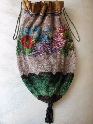 Antique Victorian Crochet Red Lavender Blue Floral Micro Bead Drawstring Purse photo