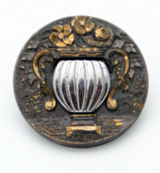 Lovely Antique Repoussé Brass Button W/ Gold Leaf Floral Details & Silver Urn photo