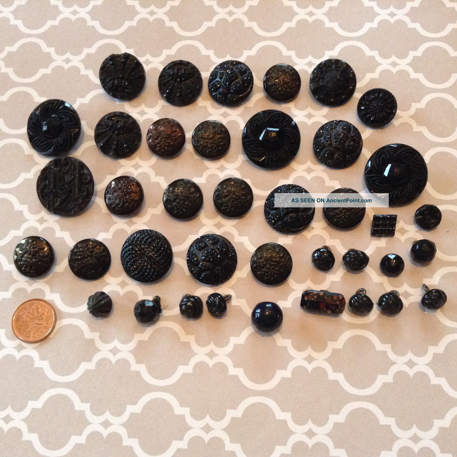 Fancy Black Glass Buttons Lustre Mourning Lacy Czech Floral Victorian Iridescent Buttons photo