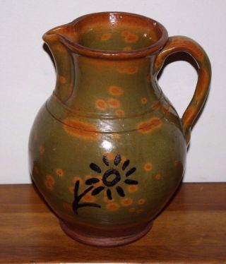 Antique Decorated Redware Pottery Pitcher; Mottled,  Lead Glazed,  19th Century photo