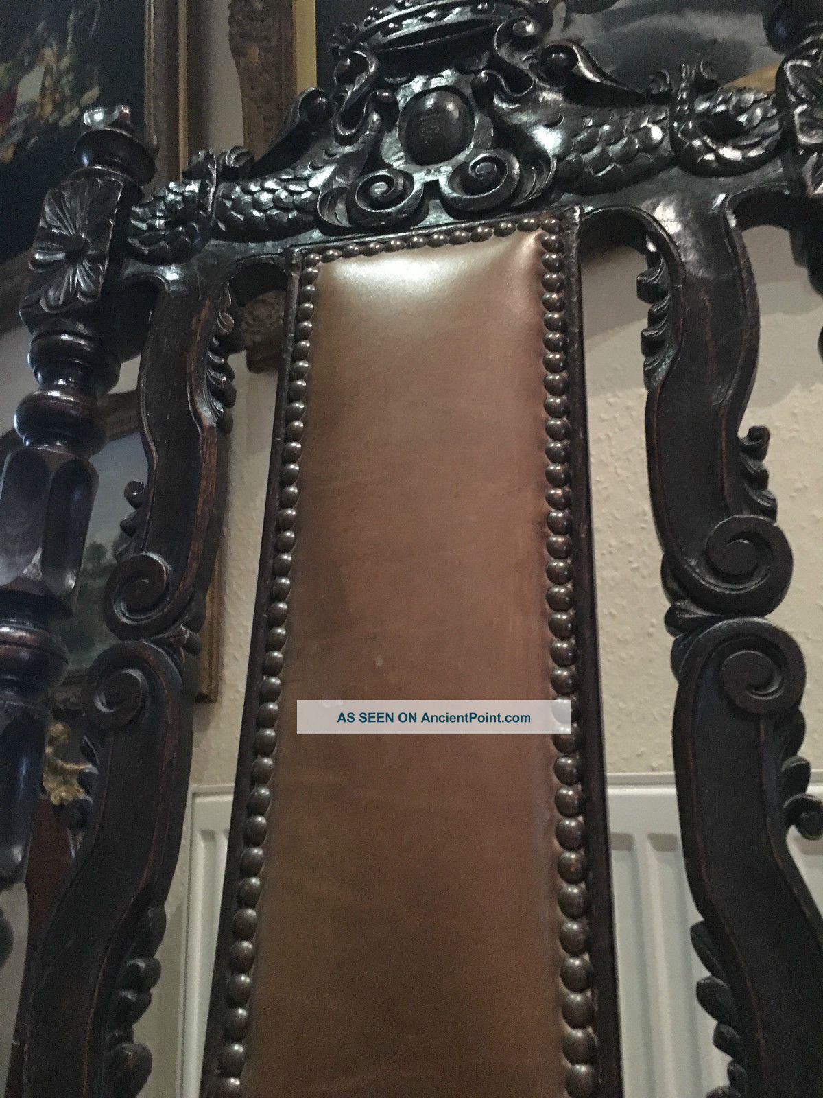 Antique Throne Chair Circa 19th Century Gothic Dark Wood & Tan 1800-1899 photo