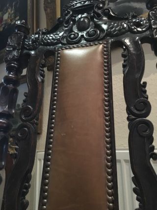 Antique Throne Chair Circa 19th Century Gothic Dark Wood & Tan photo