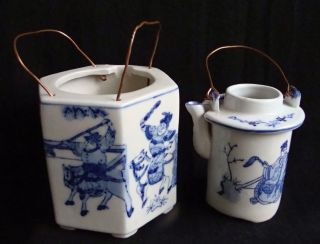 Rare 19th C Chinese Qianlong Mark Blue & White Hexagonal Teapot W/ Horse Scenes photo