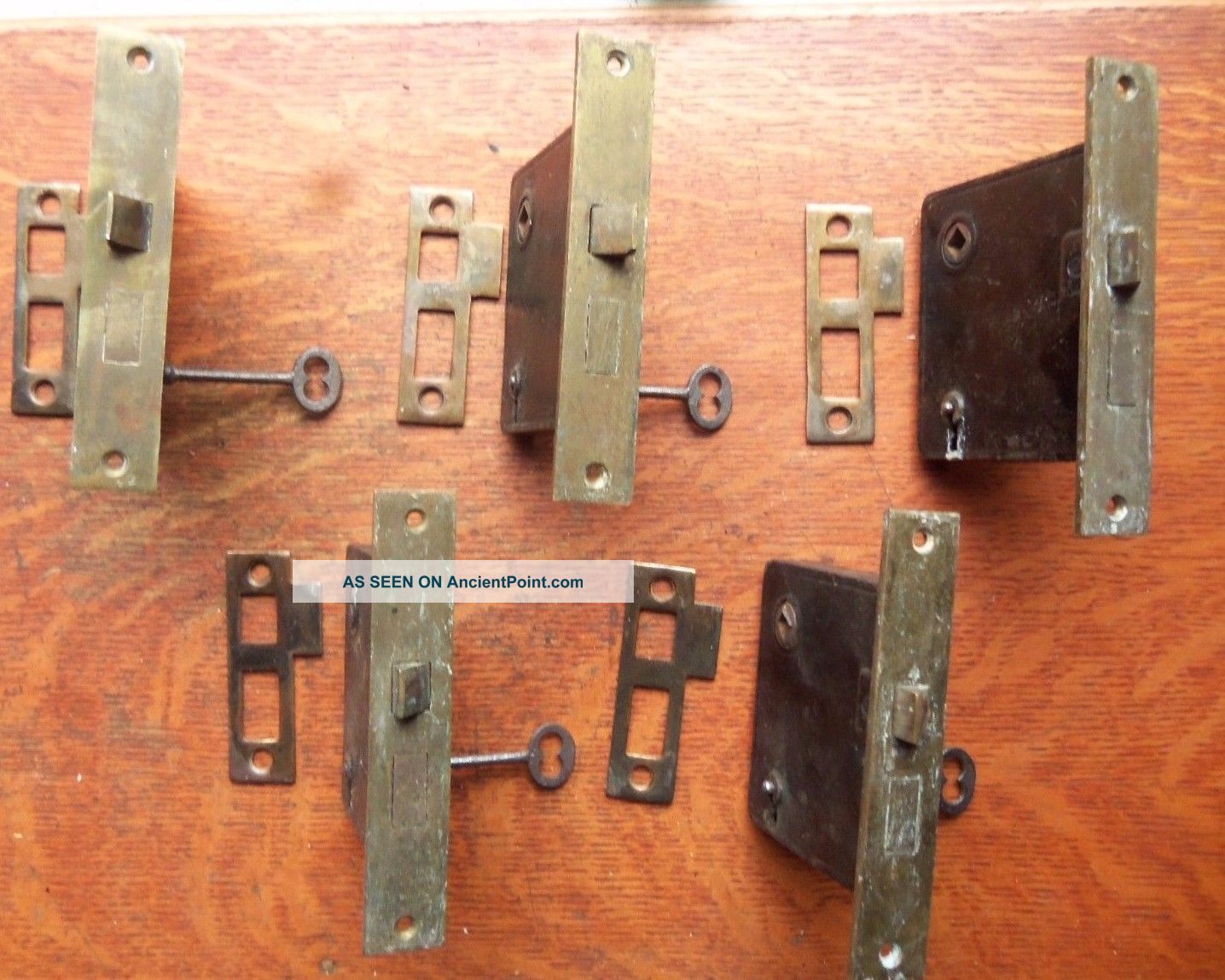 Five Antique Brass Mortise Locks With Keys & Strikers C1885 Russwin Door Knobs & Handles photo