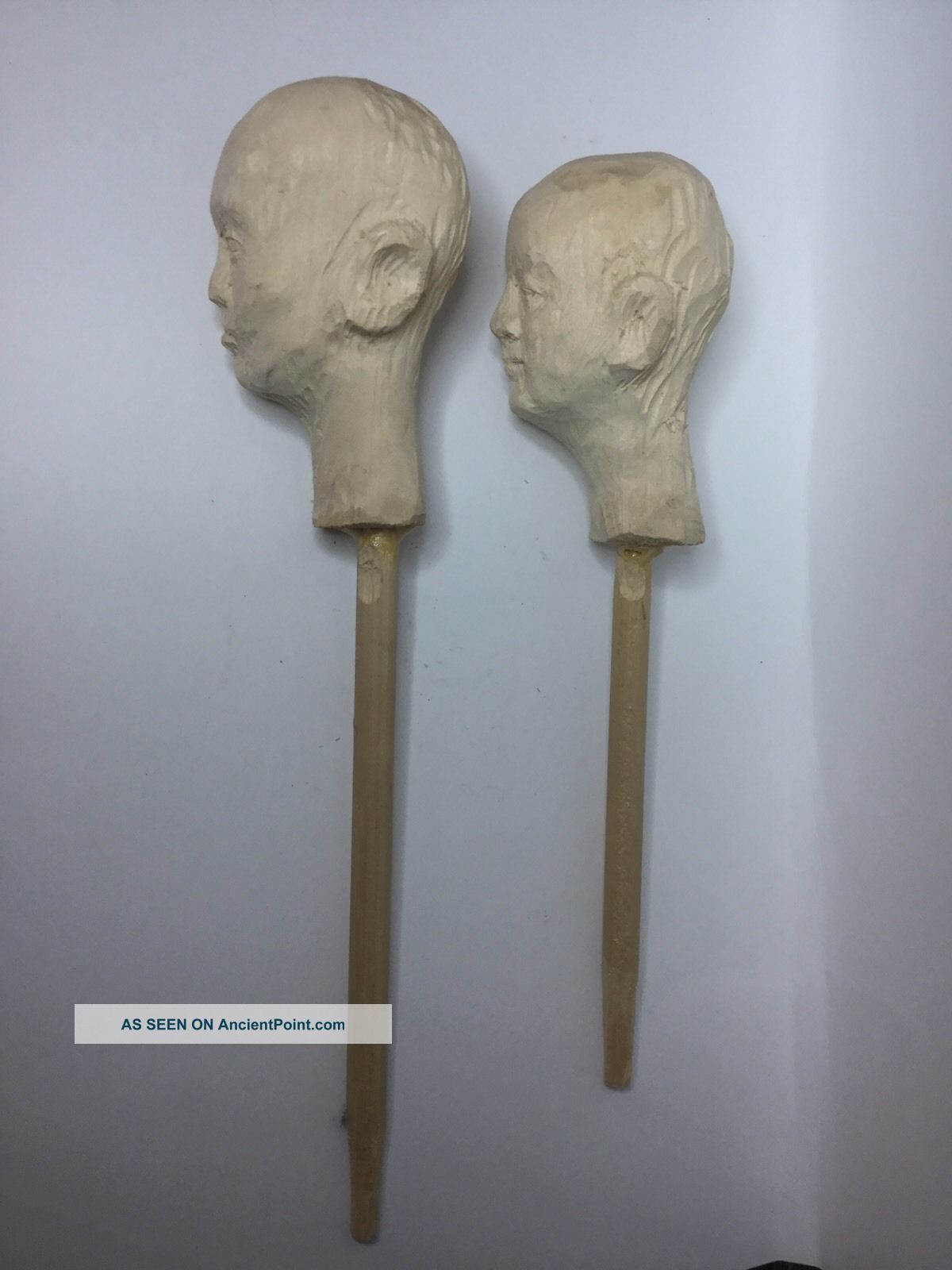 Vintage Pair Hand Carved Wooden Heads On Sticks Carved Figures photo