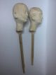 Vintage Pair Hand Carved Wooden Heads On Sticks Carved Figures photo 2