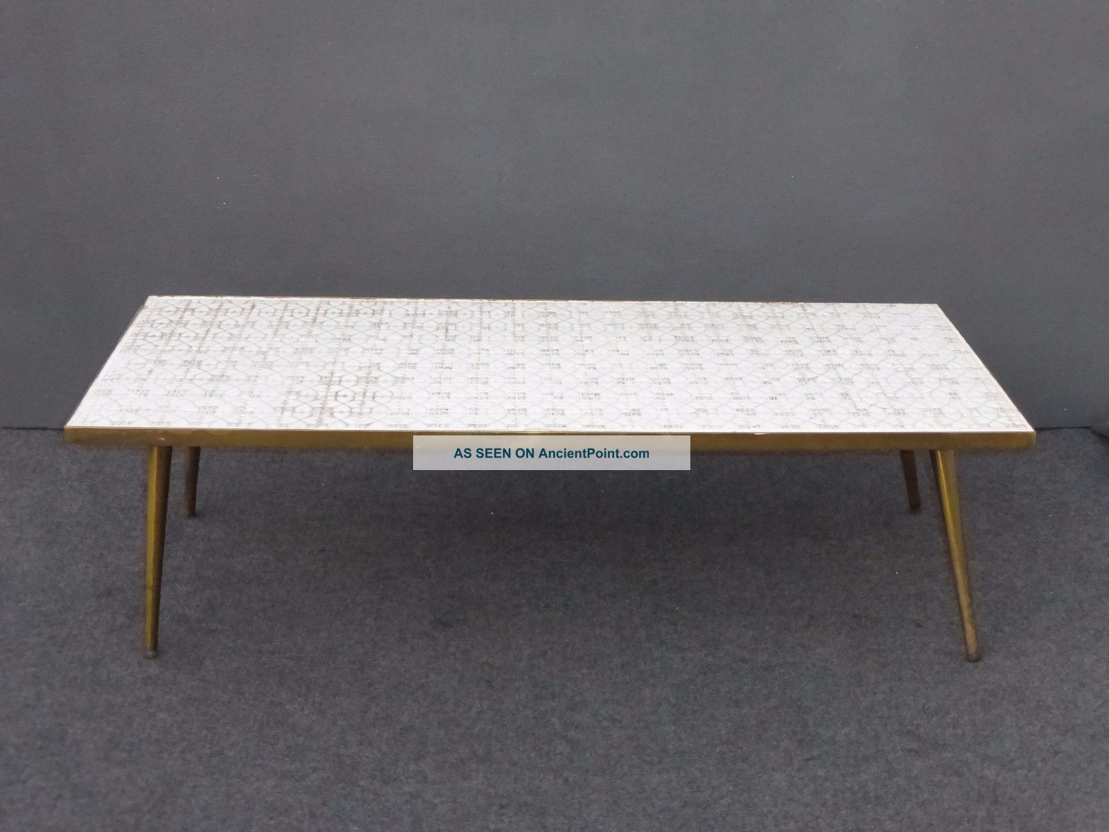 Vintage Mid Century Modern White Tile Mosaic Style Top Brass Legs Coffee Table Post-1950 photo