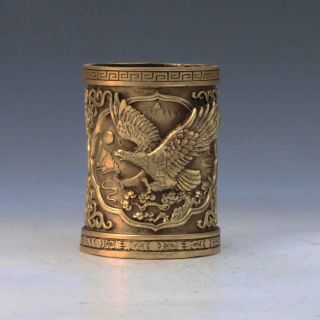 Chinese Antique Handwork Carved Eagle Brass Brush Pot W Xuande Mark photo