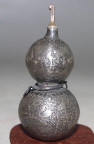 Ancient Chinese Sterling Silver Carved Lotus Flower And Fish Gourd Statue photo