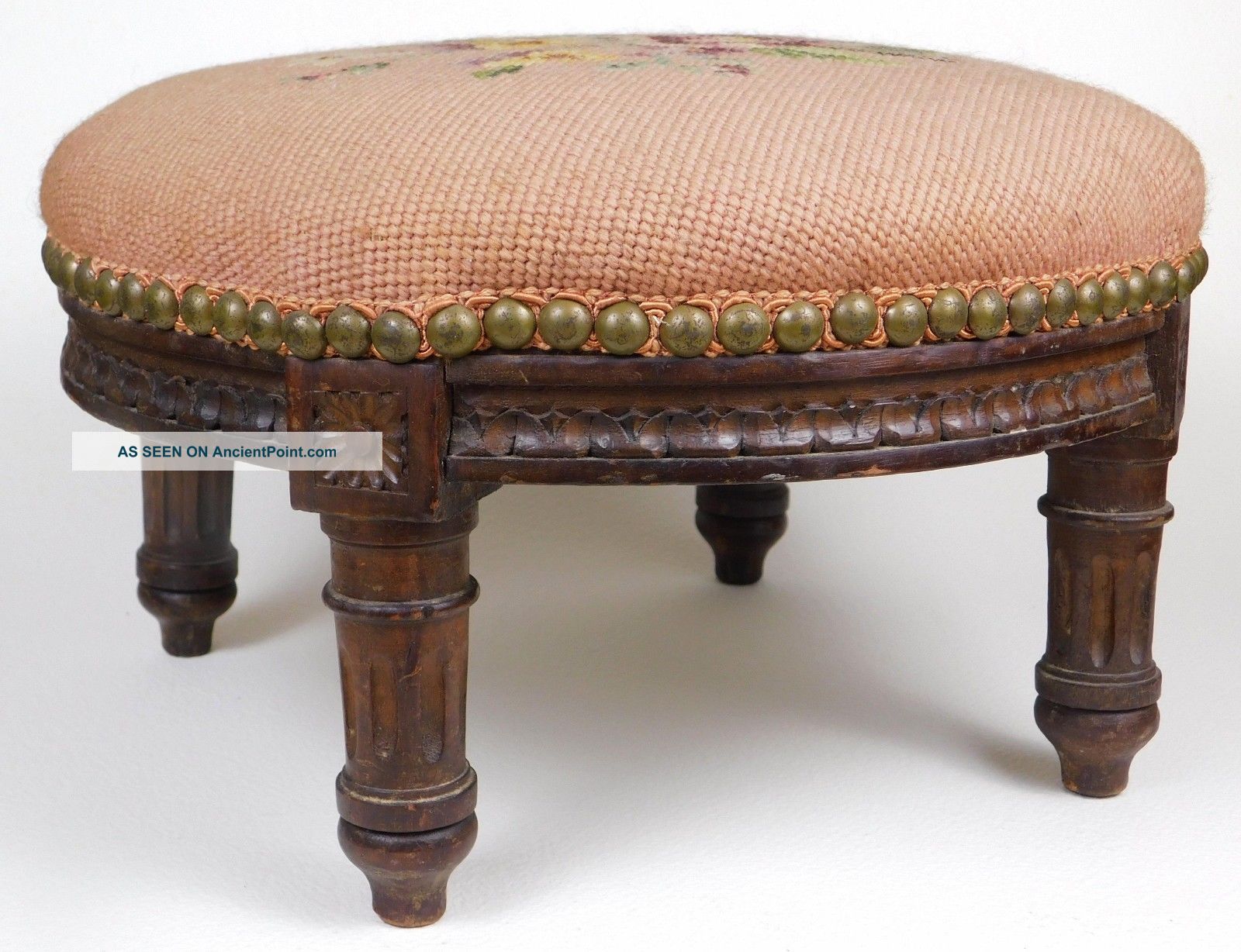 Antique Hand Carved Round 1880s Stool,  Needlepoint Seat Victorian Indiana Estate 1800-1899 photo