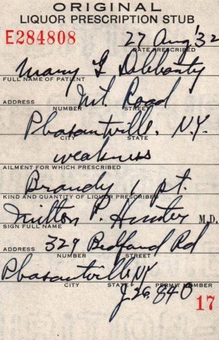 Prohibition Brandy Weakness Prescription Doctor ' S Stub Antique York 1932 Bar photo