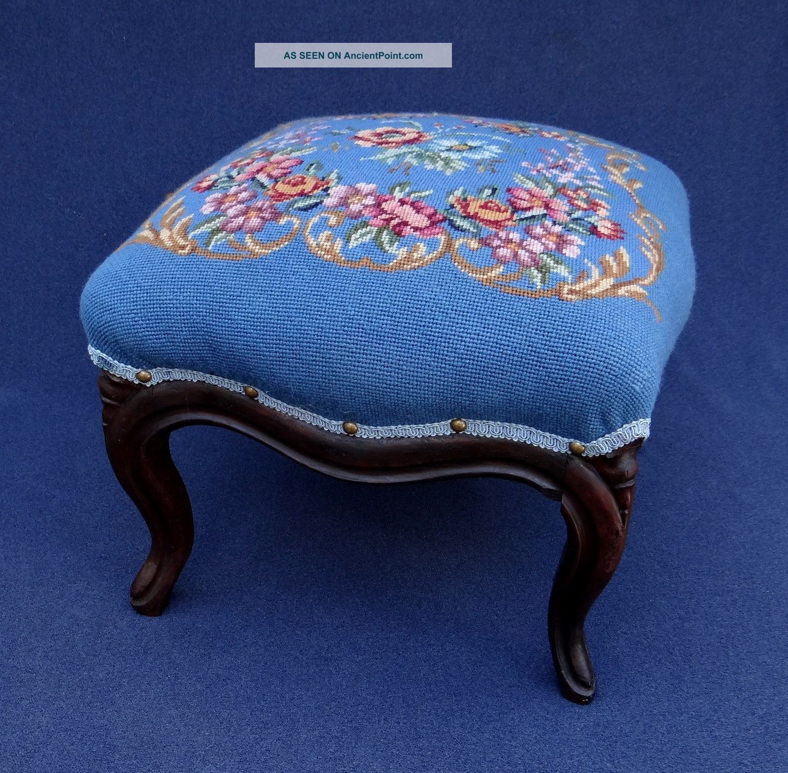 Antique Victorian Flowers Needlepoint Foot Stool Carved Wood Unknown photo
