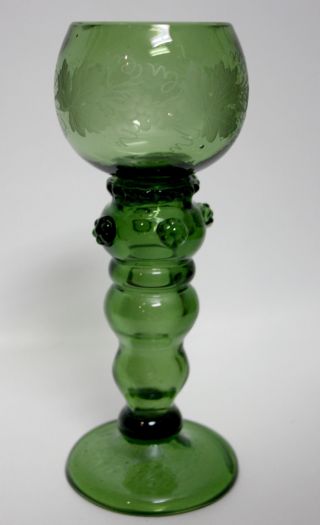 Large Estate Antique Forest Green Art Glass Roemer Wine Glass W/ Engraving Exc photo