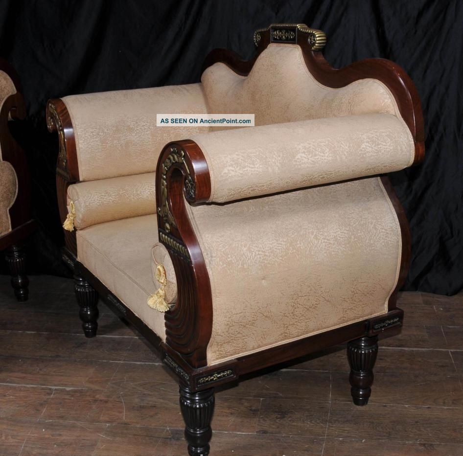 Pair Antique Thomas Hope Settee Seats Mahogany Parcel Gilt Chairs Couch 1900-1950 photo