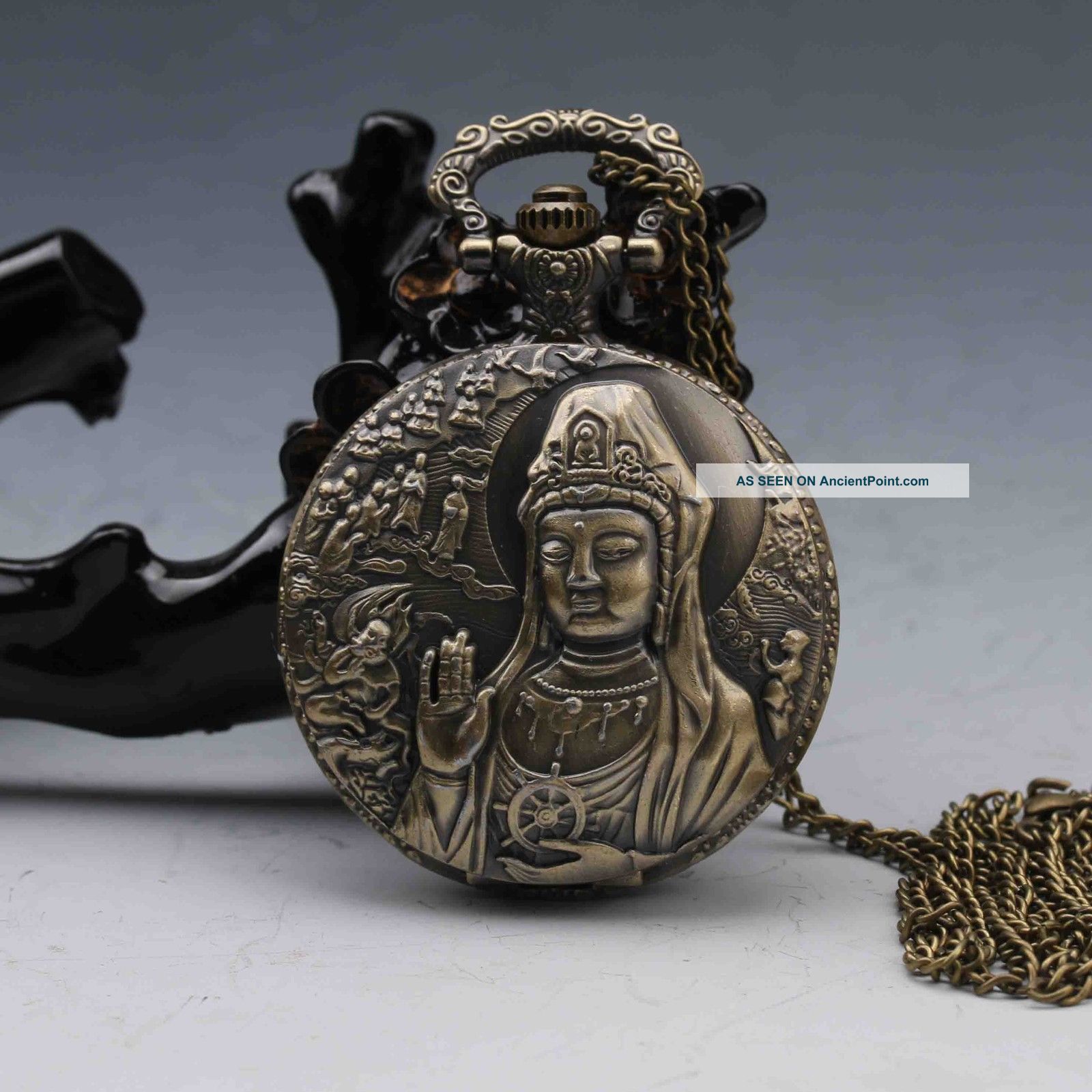 Oriental Vintage Collectible Handwork The Goddess Of Mercy Brass Pocket Watch Tables photo